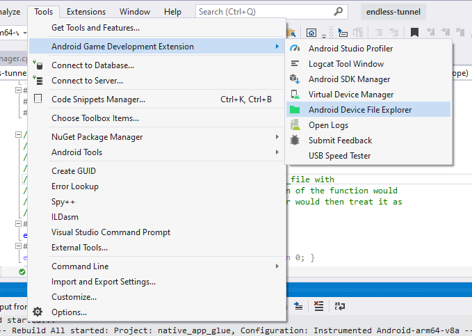Le menu des outils de Visual Studio est ouvert, avec le sous-menu 