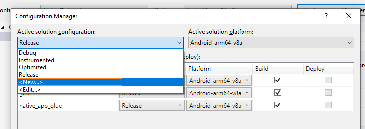 Cuadro de diálogo &quot;Configuration Manager&quot;, con el menú desplegable &quot;Active Solution Configuration&quot; abierto y la opción &quot;New&quot; destacada