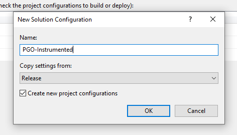Diálogo &quot;New Solution Configuration&quot;, donde se crea una nueva configuración de compilación instrumentada de PGO según la configuración de compilación existente de lanzamiento