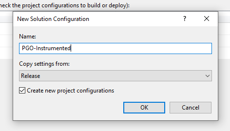 Hộp thoại New Solution Configuration (Cấu hình giải pháp mới), tạo một cấu hình bản dựng PGO-Instrumented (Được đo lường theo PGO) mới dựa trên cấu hình bản phát hành hiện có