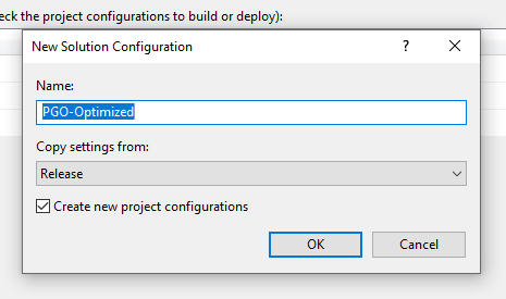 Boîte de dialogue &quot;New Solution Configuration&quot; (Nouvelle configuration de la solution) pour créer une configuration de compilation basée sur le build, mais en utilisant cette fois &quot;PGO-Optimized&quot; (Optimisée avec PGO) comme nom de la nouvelle configuration de compilation