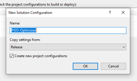 Boîte de dialogue "New Solution Configuration" (Nouvelle configuration de la solution) pour créer une configuration de compilation basée sur le build, mais en utilisant cette fois "PGO-Optimized" (Optimisée avec PGO) comme nom de la nouvelle configuration de compilation