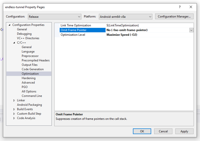 The project Property Pages dialog with C/C++ Optimization properties shown,
and Omit Frame Pointer settings
highlighted.