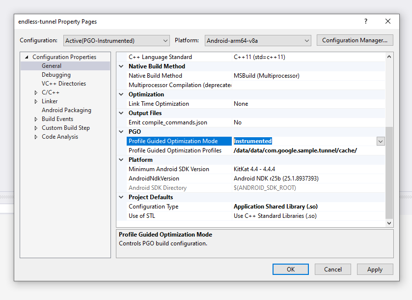 The Project Properties dialog, opened to the General settings, with the PGO
settings shown, and the Profile Guided Optimization mode set to
Instrumented.