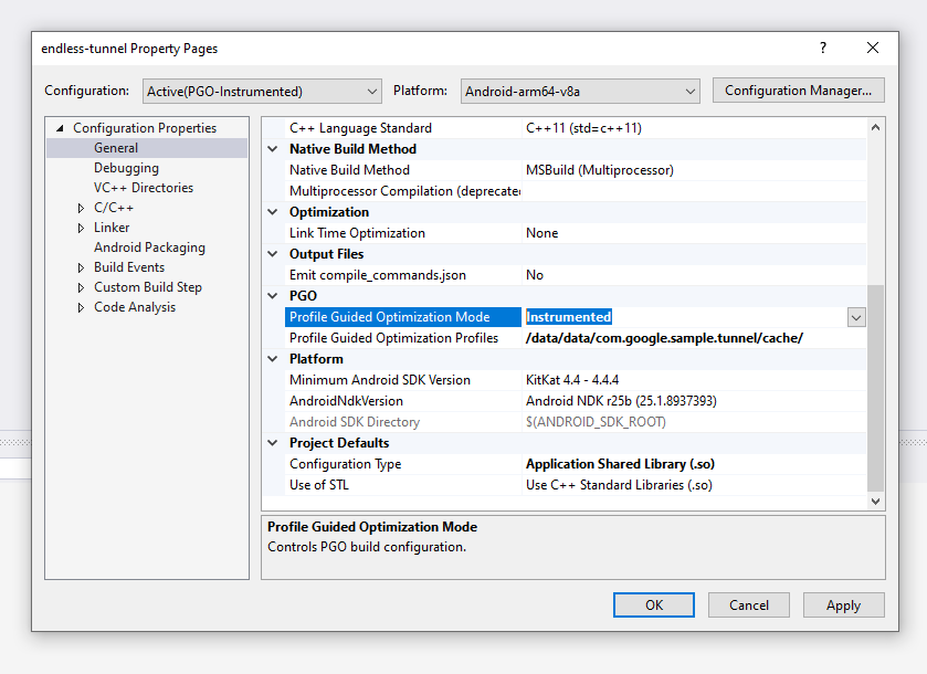 Das Dialogfeld „Project Properties“ (Projekteigenschaften) wurde mit den allgemeinen Einstellungen geöffnet. Es werden die PGO-Einstellungen angezeigt und der Modus „Profile Guided Optimierung“ ist auf „Instrumented“ (Instrumentiert) gesetzt.