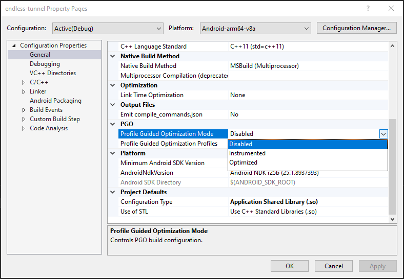 The project properties dialog with General properties shown, and PGO settings
highlighted