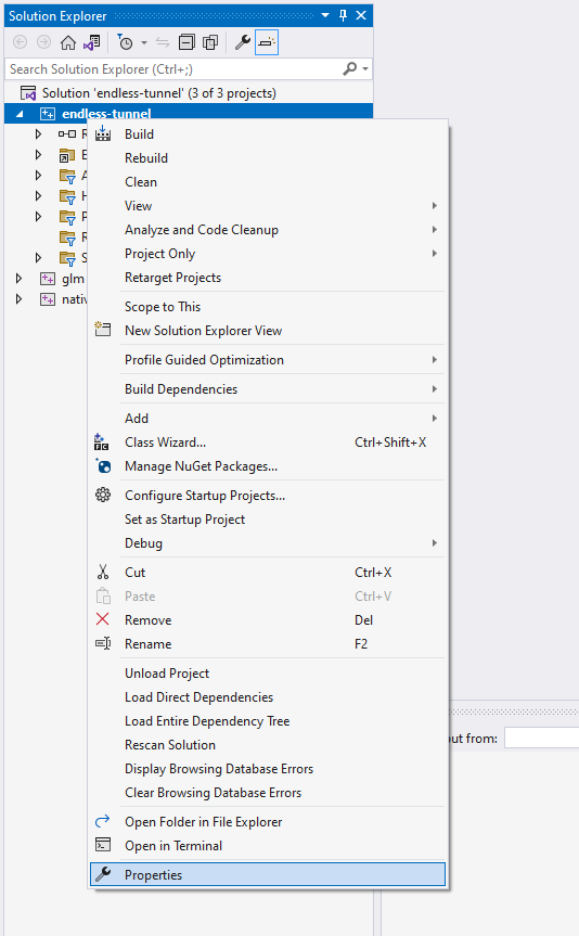 Menu des propriétés de l&#39;explorateur de solution Visual Studio pour le projet en cours.