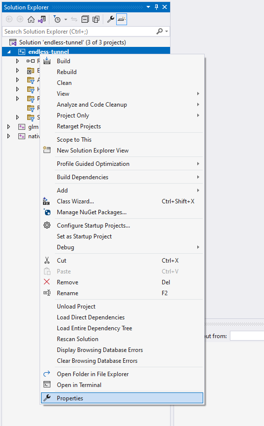 เมนูพร็อพเพอร์ตี้ของ Visual Studio Solution Explorer สำหรับ
