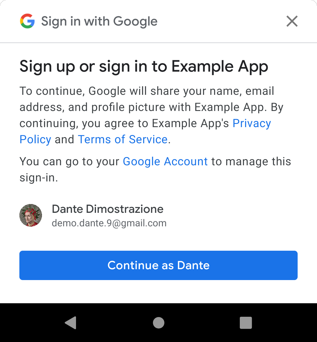 Interfaccia utente della registrazione One Tap