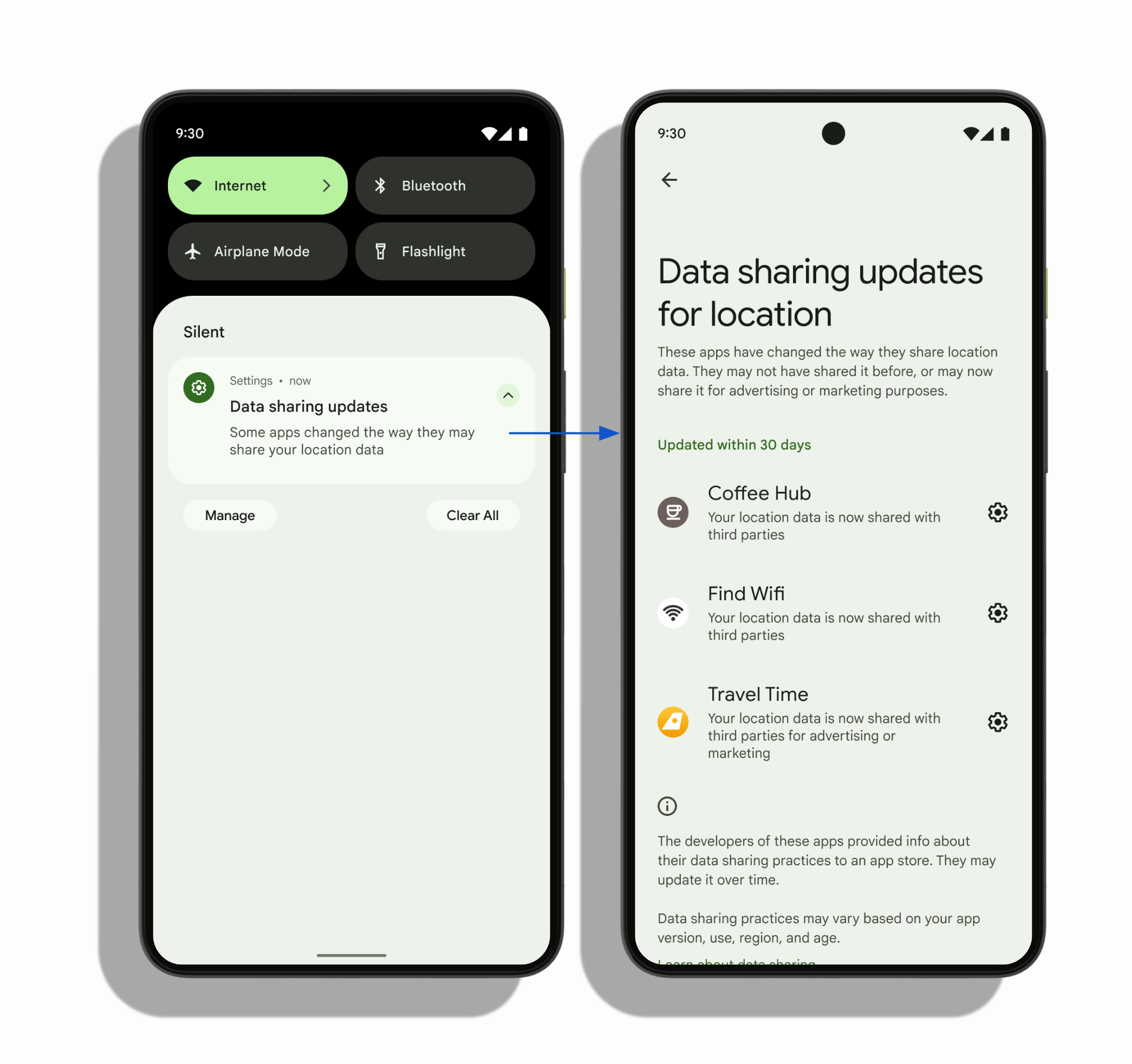 When the user taps anywhere on the system notification, the 'Data
       sharing updates for location' page loads in system settings. A list near
       the middle of the screen shows the apps that have changed their
       data-sharing practices