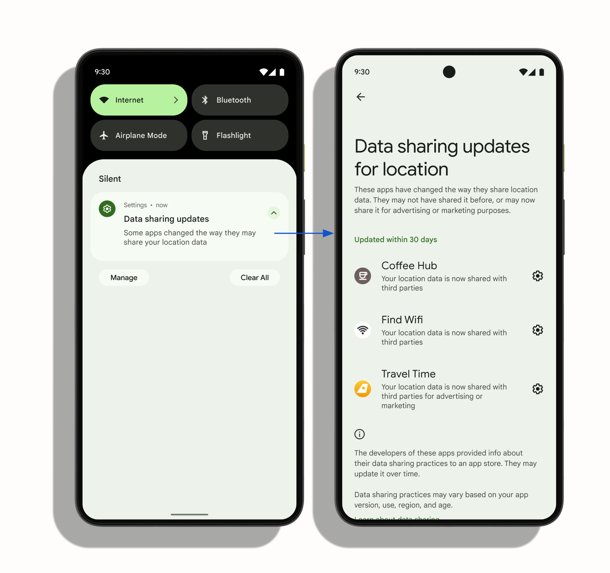 Saat pengguna mengetuk di mana saja pada notifikasi sistem, pemuatan halaman
       &#39;Update berbagi data untuk lokasi&#39; di setelan sistem. Daftar di dekat
       bagian tengah layar menampilkan aplikasi yang telah mengubah
       praktik berbagi data mereka