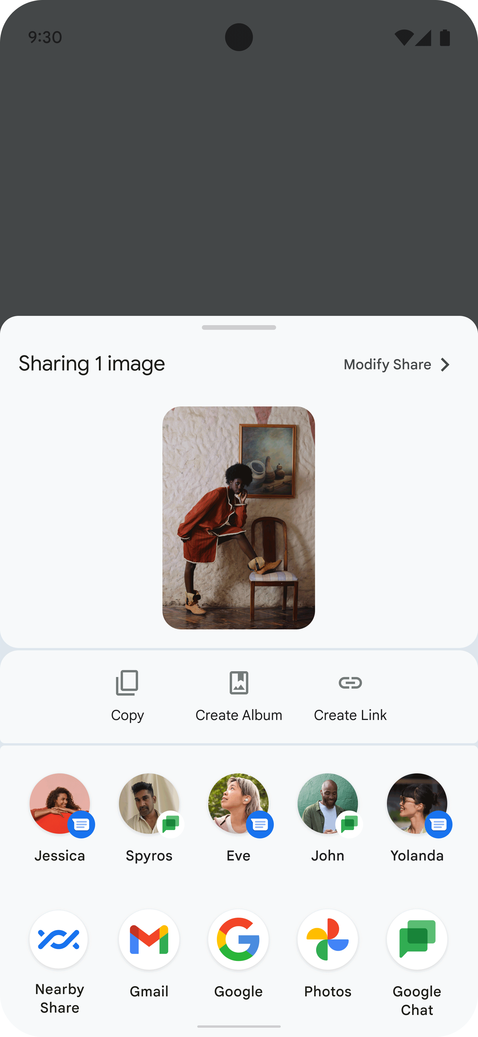 This image shows the sharesheet displayed on an app, the result of the user
  sharing an image of a person. The sharesheet displays multiple icons
  representing possible contacts and apps to share the image with.