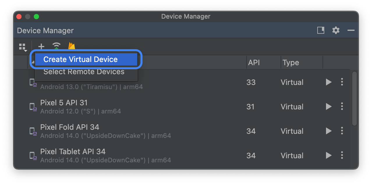 Criar um Dispositivo virtual Android no Android
Studio