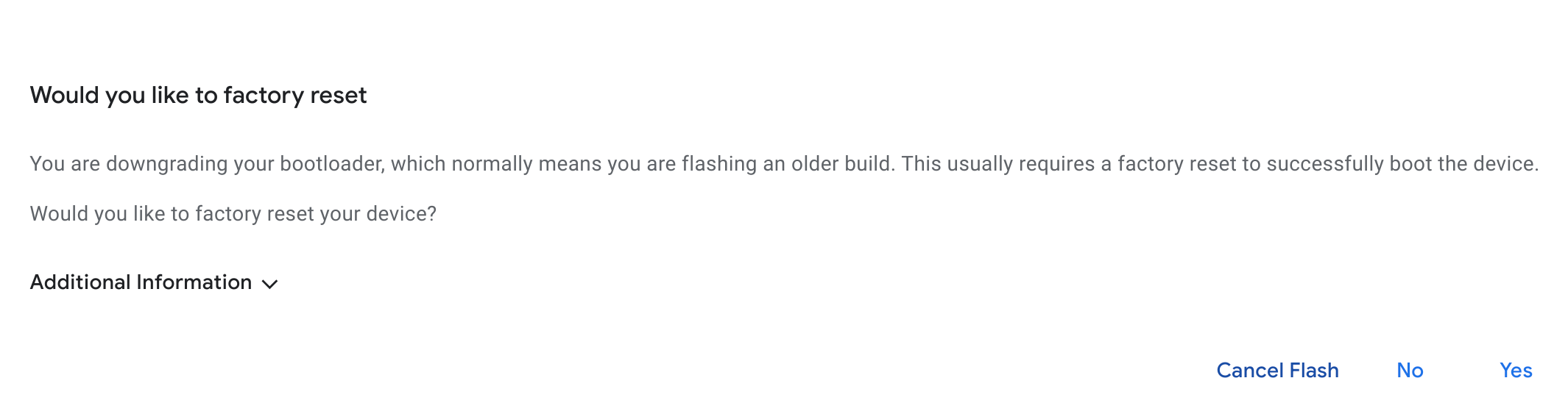Mensagem da estação de flash perguntando se o dispositivo precisa ser redefinido para a configuração original