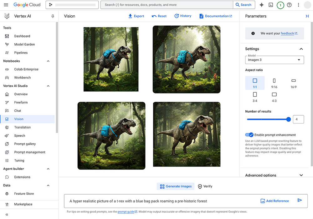 Captura de pantalla de la interfaz de Vertex AI Studio de Google Cloud, en la que se muestran cuatro imágenes generadas de un tiranosaurio rex con una mochila azul en un bosque prehistórico. En la barra lateral izquierda, se muestran opciones de navegación, como Panel, Model Garden y Vision, mientras que el panel derecho contiene parámetros para la configuración de generación de imágenes.