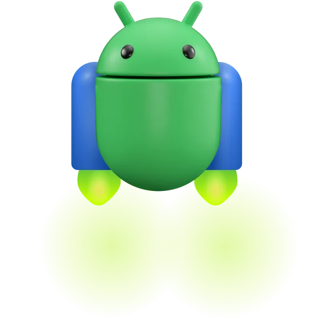 Ilustracja 3D przedstawiająca maskotkę Androida w plecaku odrzutowym, z którego wydobywa się duża chmura baniek.