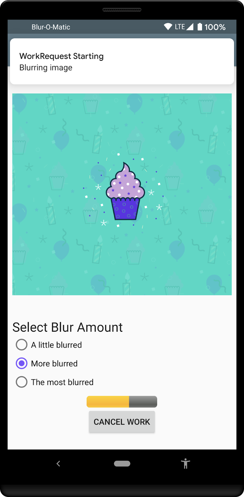 WorkManager Request with Progress Bar WorkManager request in progress, as indicated by progress bar shown on the bottom of the screen.