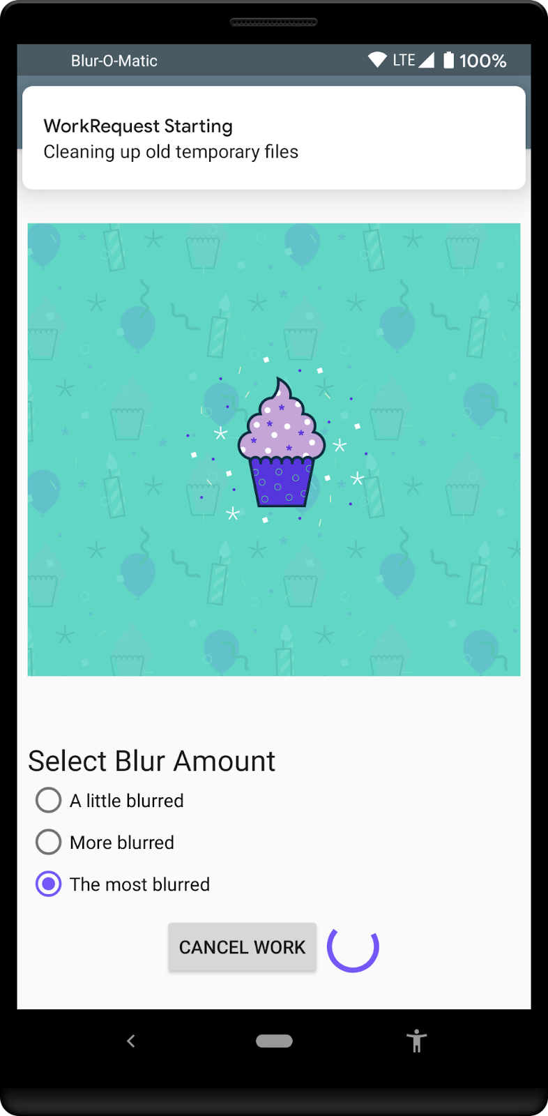 WorkManager Request in Progress WorkManager request in progress with notification showing on top and loading spinner on bottom.
