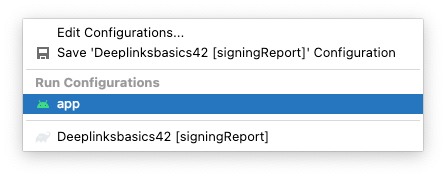 已選取「app」設定的 Android Studio 執行設定選單。