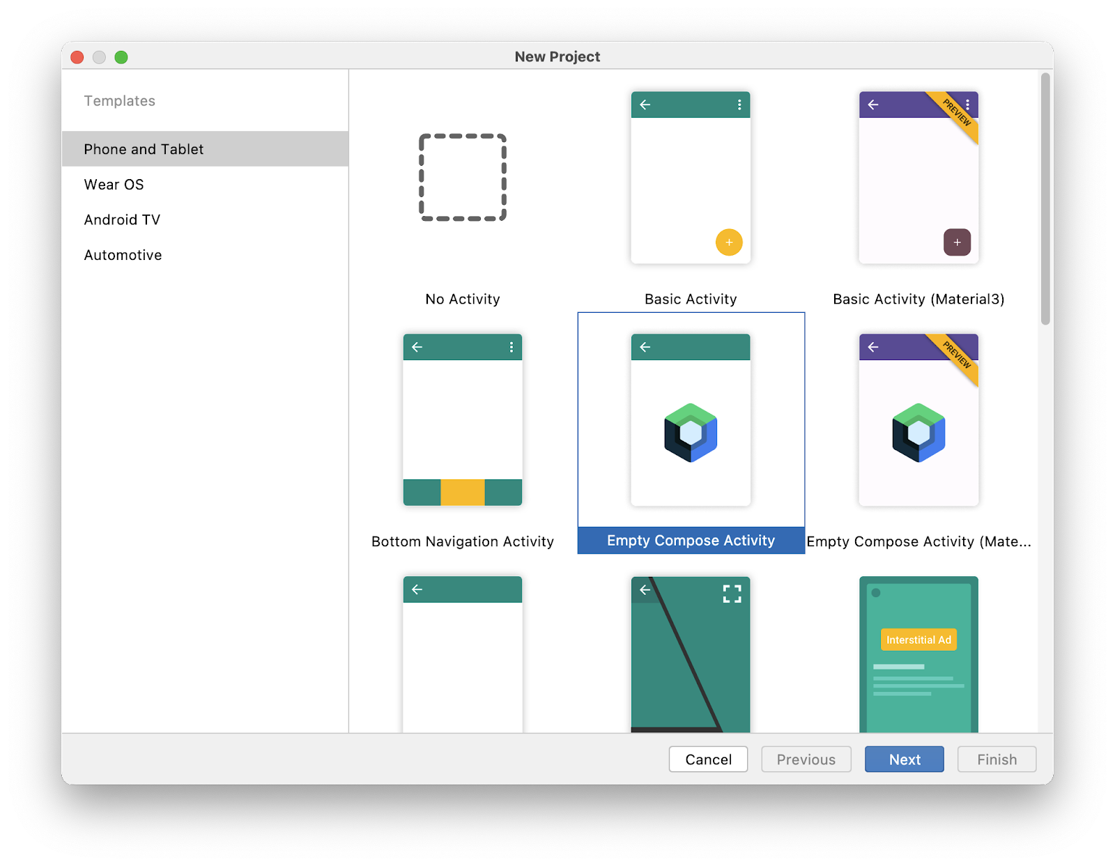 Android Studio 中的“New Project”模态，已选择“Empty Compose Activity”。