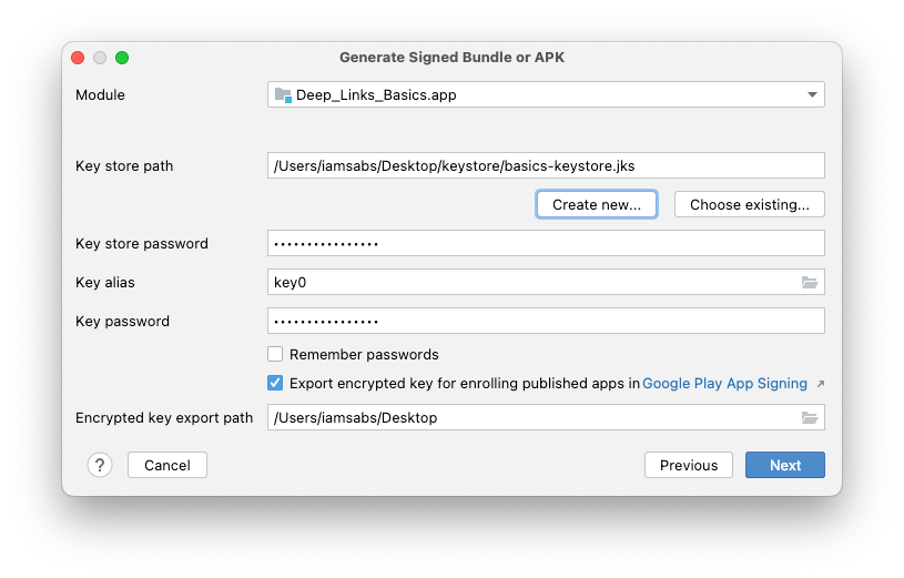 「Generate Sign Bundle or APK」選單互動視窗，其中包含以下的值和選單項目：「Module」的值為預設值、「Key store path」的值為系統產生的路徑、「Key store password」的值為先前產生的密碼、「Key alias」的值為「key0」、「Key password」的值為先前產生的密碼、勾選「Export encrypted key for enrolling published apps in Google Play App Signing」，「Encrypted key export path」的值為預設值。