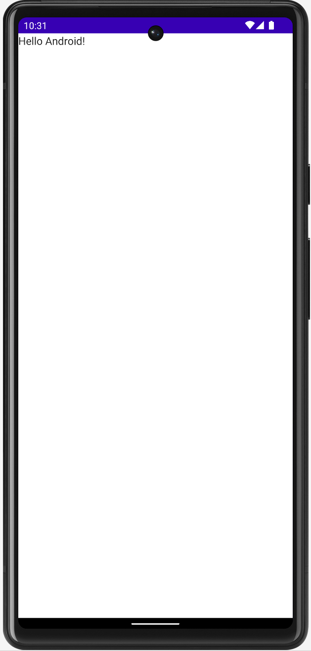 Pantalla vacía de la app para Android de Compose en la que se muestra el siguiente texto: 'Hello Android'.