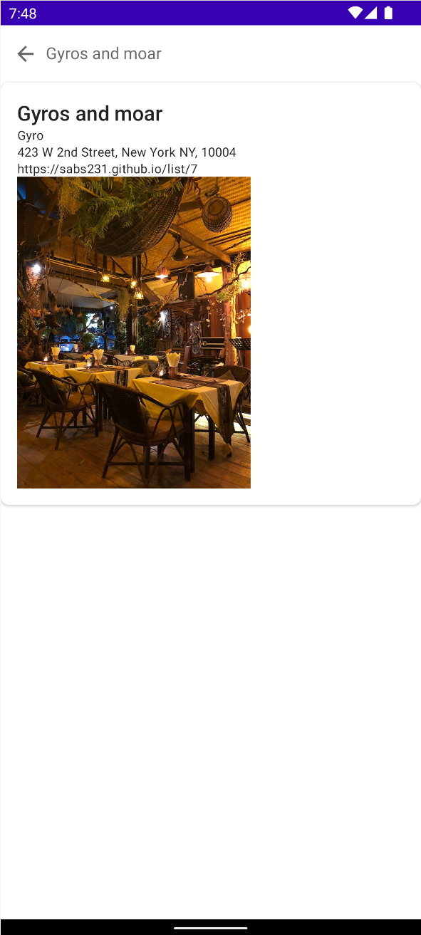 Application des restaurants Android Emulator affichant l'écran du restaurant "gyros and moar".