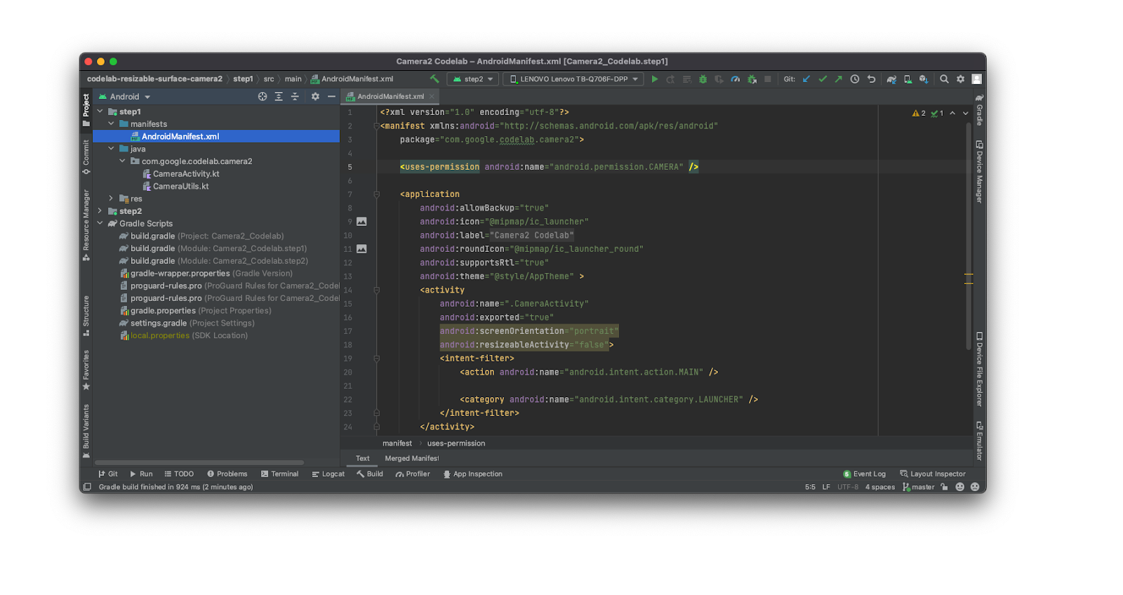 Android Studio 的屏幕截图，其中显示了与此 Codelab 相关的代码