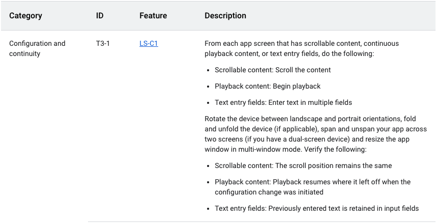As etapas do teste de qualidade de apps em telas grandes para a categoria "Configuração e continuidade".