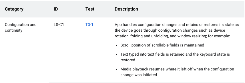 Descrição da qualidade de apps para telas grandes para a categoria &quot;Configuração e continuidade&quot;.
