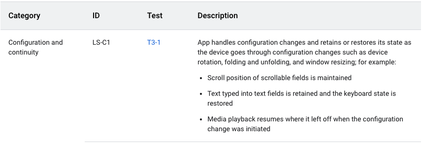 Descrição da qualidade de apps para telas grandes para a categoria "Configuração e continuidade".