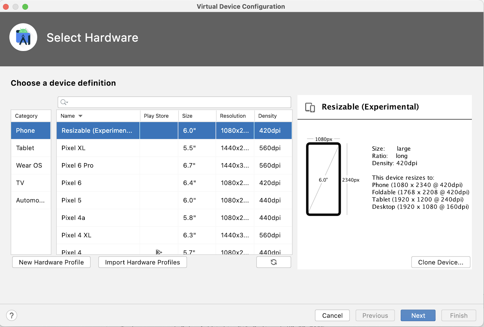 [Device Manager] ウィンドウに、デバイス定義を選ぶプロンプトが表示されています。選択肢のリストが表示され、その上に検索フィールドがあります。カテゴリ「Phone」が選択され、デバイス定義名「Resizable (Experimental)」が選択されています。