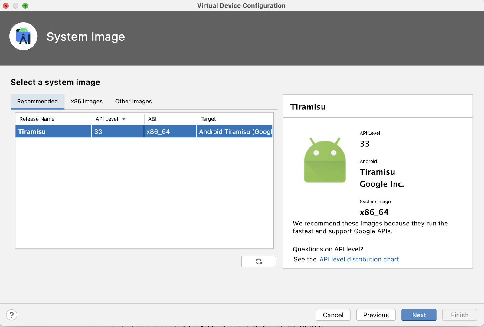 Virtual Device Configuration 창에 시스템 이미지를 선택하라는 메시지가 표시되어 있음. Tiramisu API가 선택되어 있음.