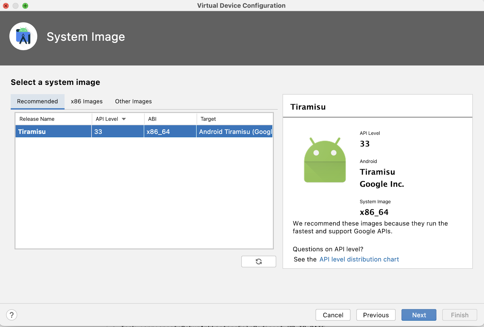 “Virtual Device Configuration”窗口显示了一条选择系统映像的提示。Tiramisu API 处于选中状态。