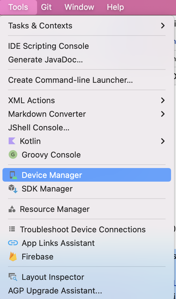 “Tools”菜单中显示了一系列选项。位于列表中间的“Device Manager”处于选中状态。