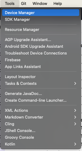 “Tools”菜单中显示了一系列选项。位于列表中间的“Device Manager”处于选中状态。