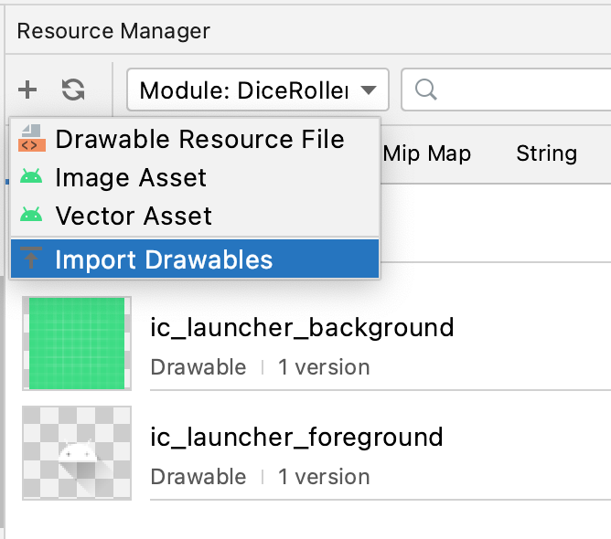En el menú desplegable para agregar recursos de Resource Manager, se muestra la opción para importar elementos de diseño.