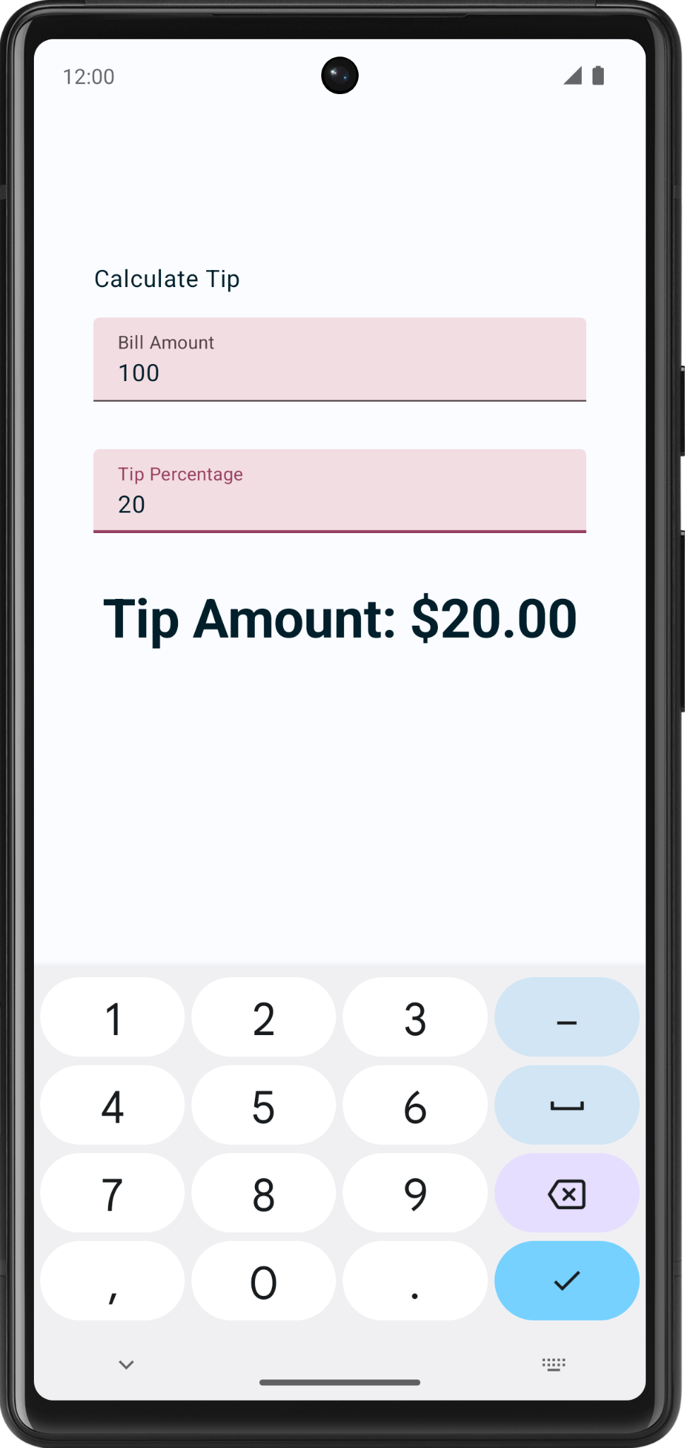 captura de pantalla con el importe de la factura como 100, la propina como 20 por ciento y el importe de la propina se muestra como 20 dólares