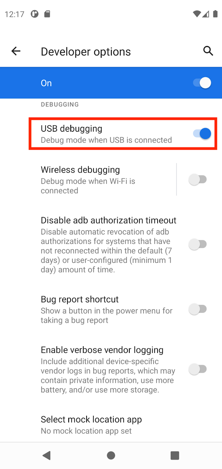 开发者选项 此图片显示了“选项”页面,其中的“USB 调试”已切换为开启并使用红色方框圈住。