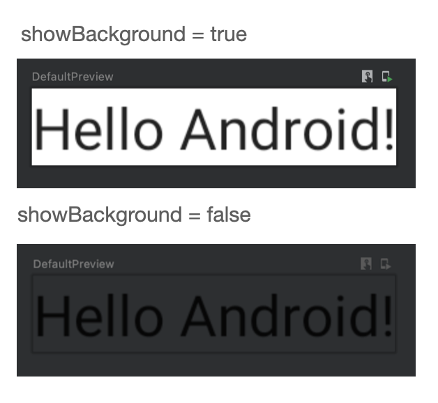 此图片的上方显示了在白色背景下以黑色字体呈现的“Hello Android”文本，下方显示了在深色背景下以黑色字体呈现的“Hello Android”文本。