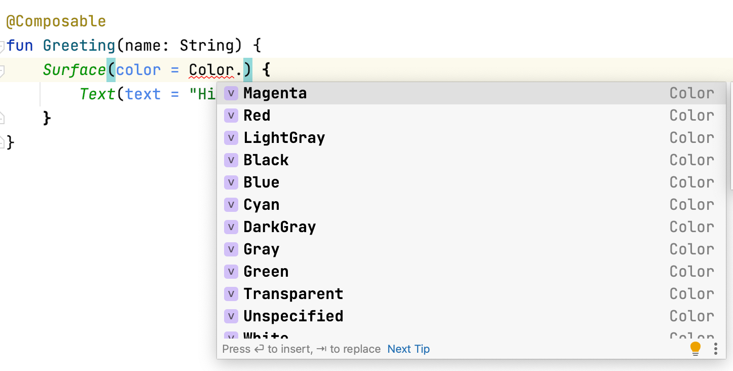 이 코드 이미지는 Color 인수를 허용하는 Surface를 보여줍니다. Color 옆에는 점이 있고 그 뒤에는 다양한 색상 이름이 표시된 메뉴가 있습니다.