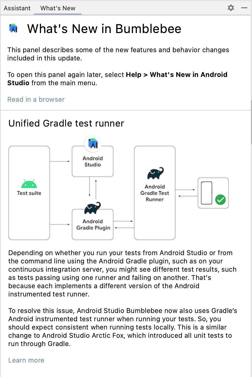 Gambar ini menampilkan panel What's New, yang menyediakan informasi tentang update di Android Studio.