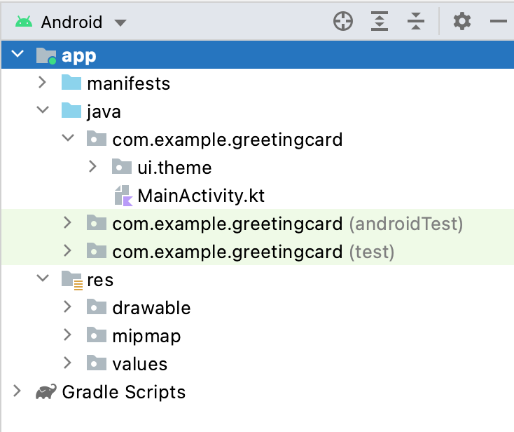 A imagem mostra a guia "Project" com o menu do Android selecionado.