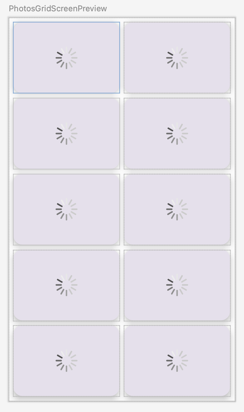 Aperçu de l'écran prévisualisant la grille de photos avec l'image de chargement
