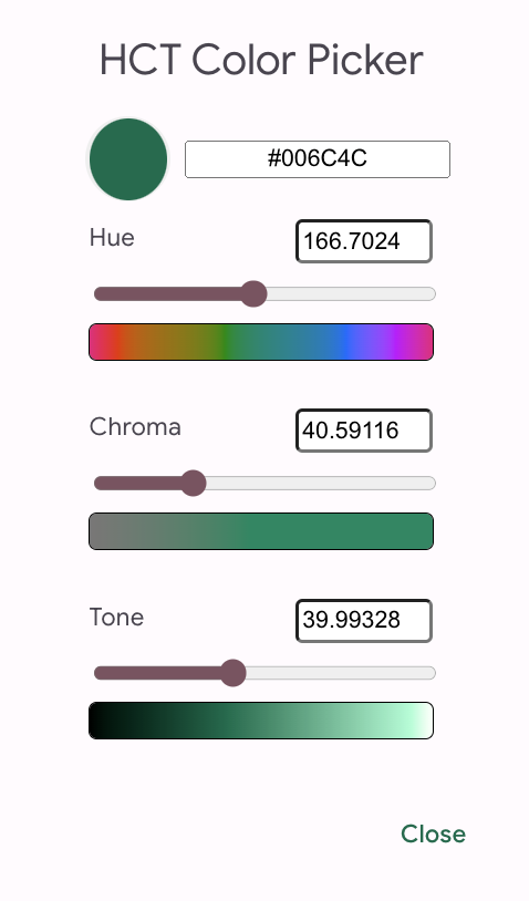 这显示的是 HCT 颜色选择器设置为绿色