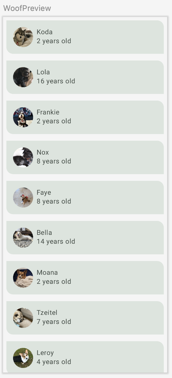 Aperçu de l&#39;application Woof avec des éléments Card mis en forme
