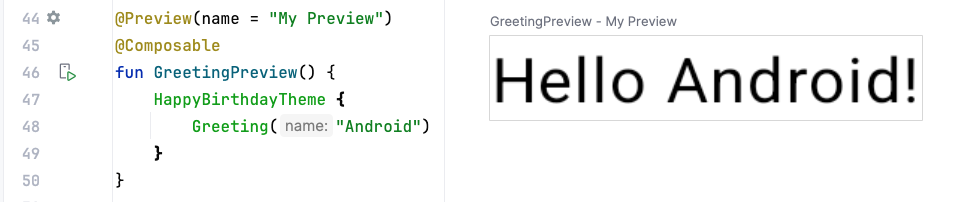 Screenshot Android Studio yang menampilkan kode dan pratinjau