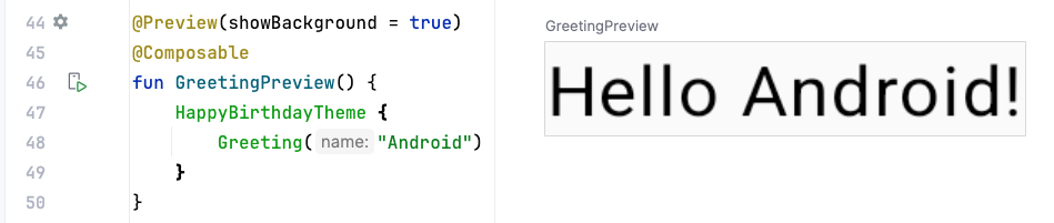 コードとプレビューを示す Android Studio のスクリーンショット