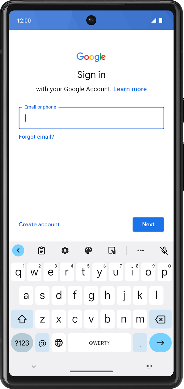 一个显示 Gmail 应用的手机屏幕，其中有用于输入电子邮件地址的文本字段