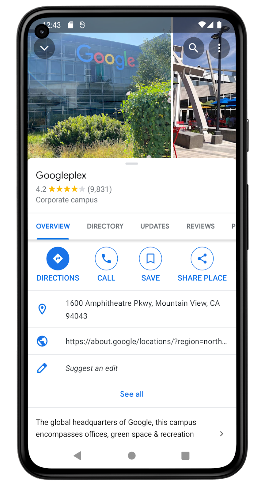 Cette capture d'écran de l'application Google Maps montre des informations sur le lieu Googleplex. Ce campus d'entreprise est considéré comme le siège social international de Google. Il a une note de 4,2 étoiles basée sur 9 831 avis. L'adresse est 1600 Amphitheatre Pkwy, Mountain View, CA 94043, États-Unis. Cet écran propose à l'utilisateur une option permettant d'enregistrer ce lieu dans ses listes.